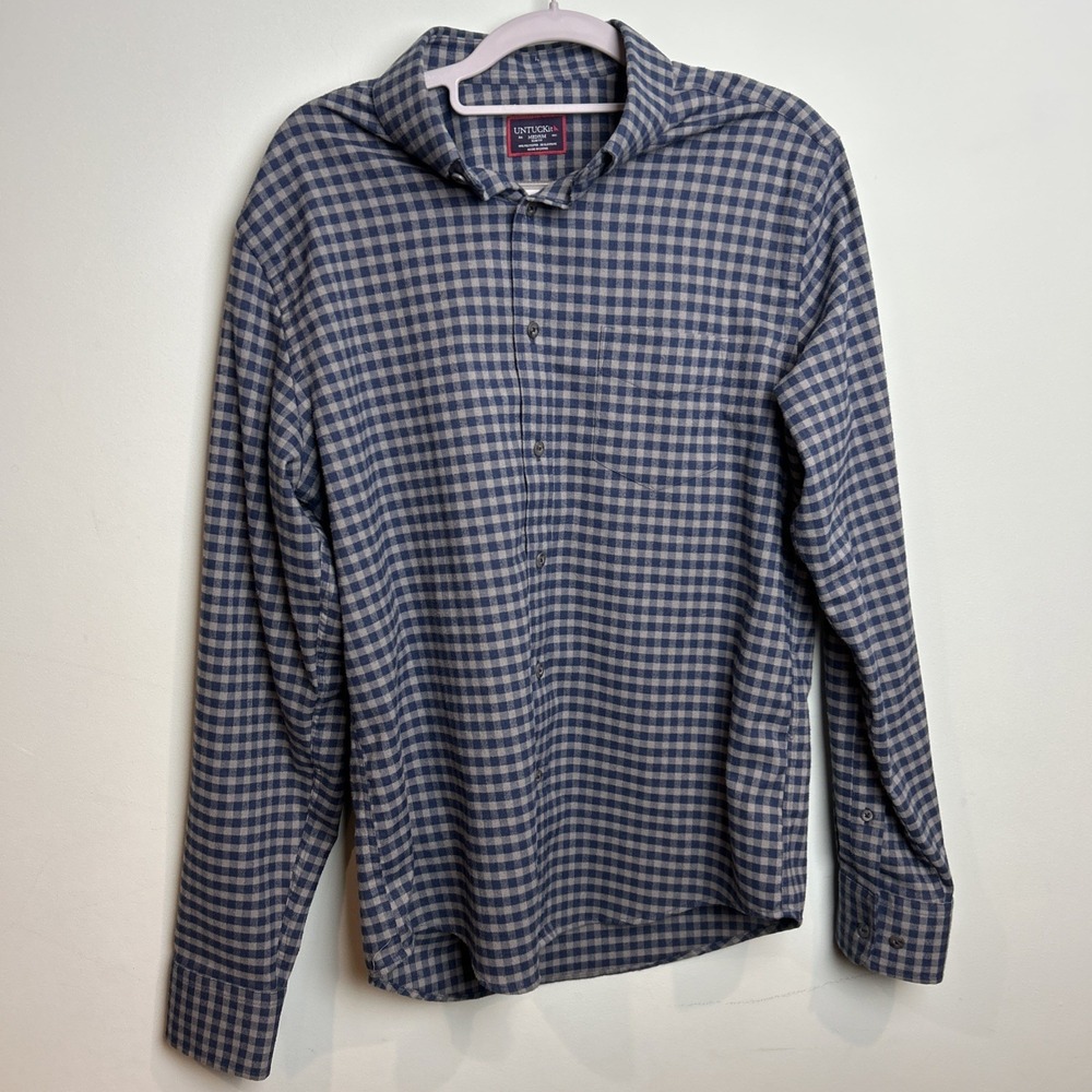 Untuckit Bergstrom Gingham Button Down Shirt Blue Gray Casual Size Medium